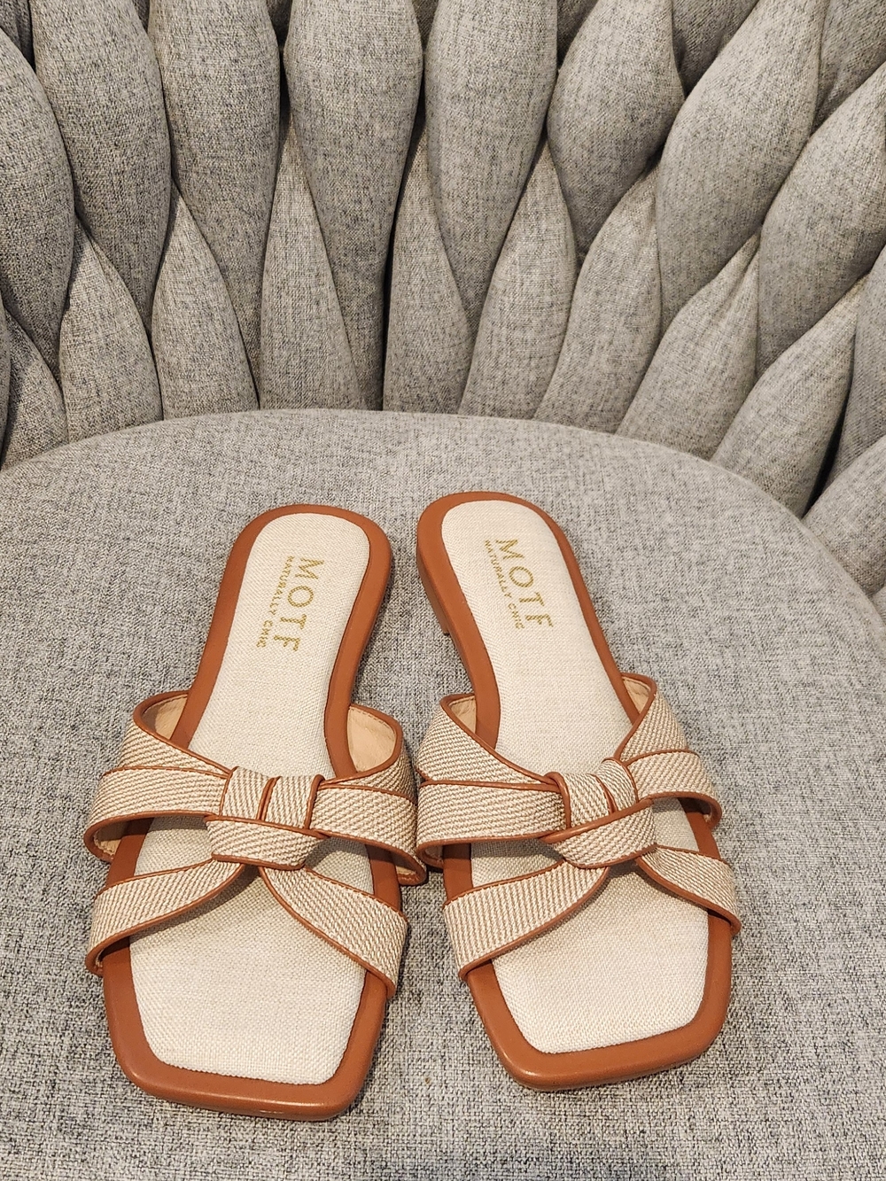 MOTF Tan & Cream Knotted Woven Slide Sandals
